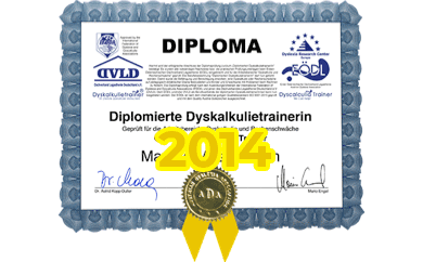Diploma zum diplomierten Dyskalkulietrainer von Alexandra Dirnberger von 2014