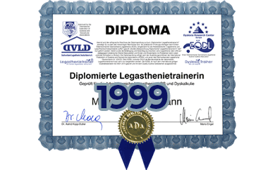 Diploma zum diplomierten Legasthenietrainer von Elisabeth Nuhl von 1999
