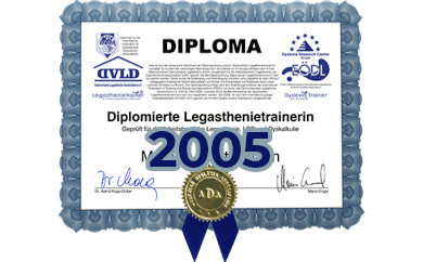 Diploma zum diplomierten Legasthenietrainer von Barbara Hinel von 2005