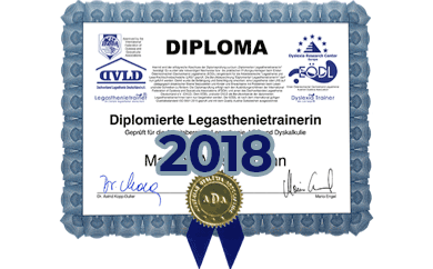 Diploma zum diplomierten Legasthenietrainer von Johanna Tomann-Krumbholz von 2018